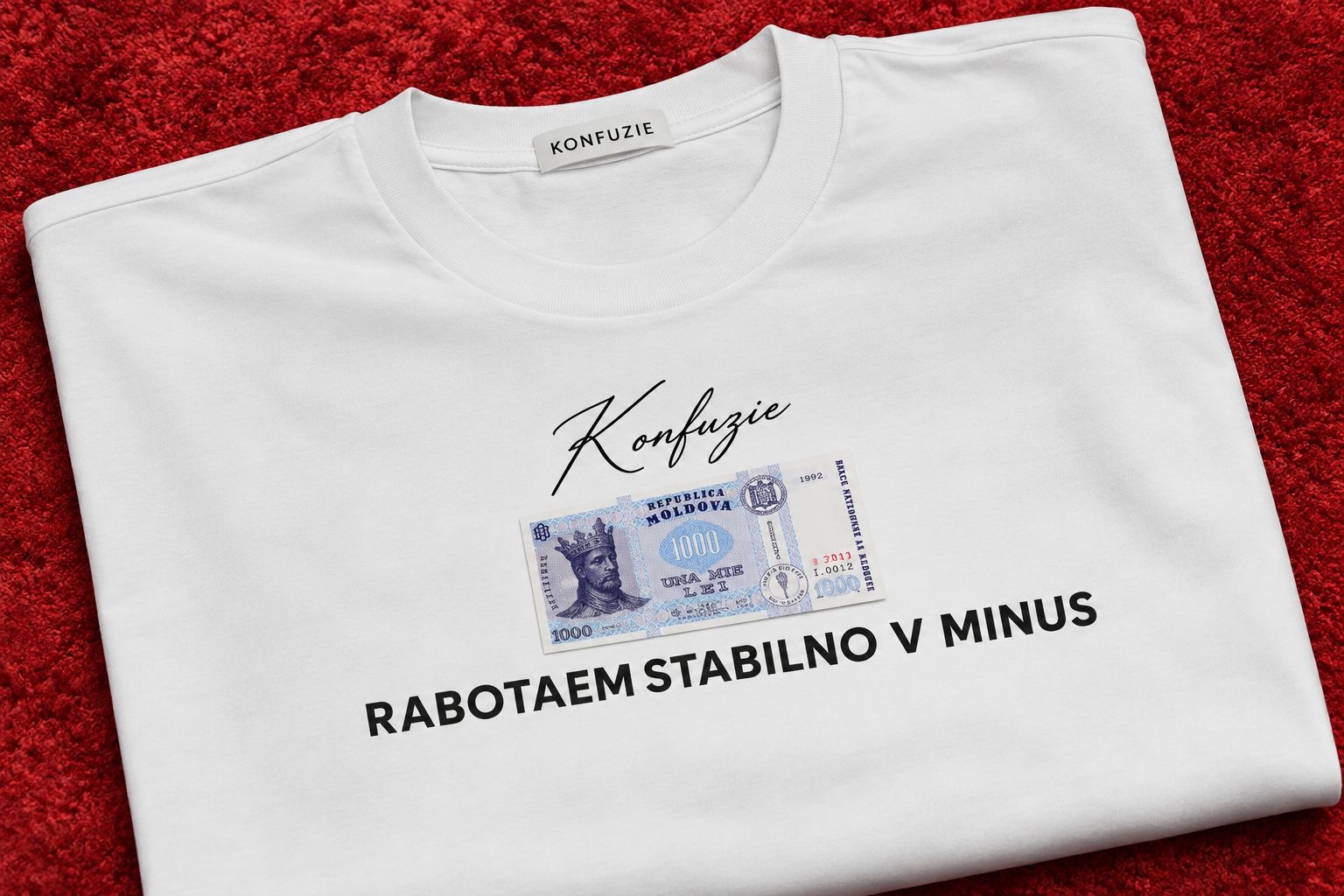 Tricou alb Konfuzie cu bancnotă de 1000 lei
