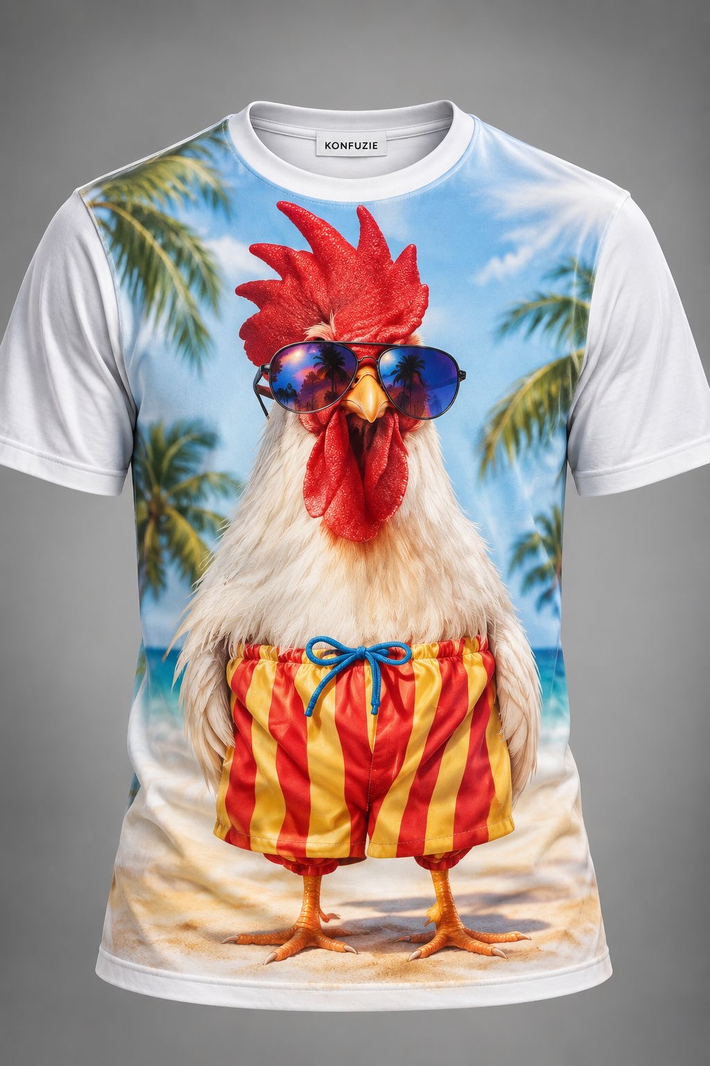 Tricou cu cocoș la plajă și ochelari de soare